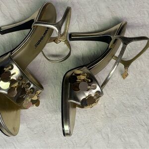 Mainframe Metallic Gold Paillette Sequin Disc Strappy High Heel Sandals, Sz 9!